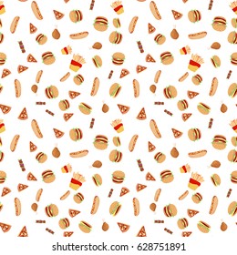 Pattern with food. Fast food: pizza, barbecue, hamburger, chicken, fries, hotdog. 