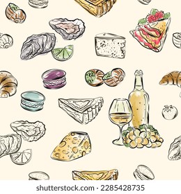 
Pattern food France, Provence. Isolate on a white background, food watercolor. Vector illustration.