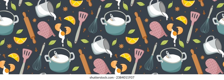 Pattern with Food icons and elements. Cookbook stickers, cute home menu. background for cooking. Pattern for background, printing on wrapping paper, wallpaper or fabric. Vector flat illustration.