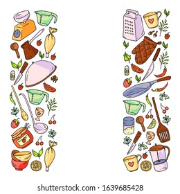 Pattern with food and kitchen enviroment. Cooking class, menu for restaurant, banners for stores