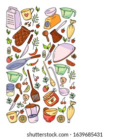 Pattern with food and kitchen enviroment. Cooking class, menu for restaurant, banners for stores