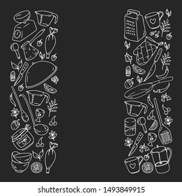 Pattern with food and kitchen utencil. Cooking class, menu for restaurant, banners for stores