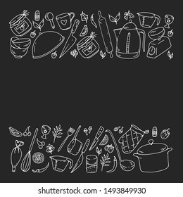 Pattern with food and kitchen utencil. Cooking class, menu for restaurant, banners for stores
