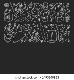 Pattern with food and kitchen utencil. Cooking class, menu for restaurant, banners for stores