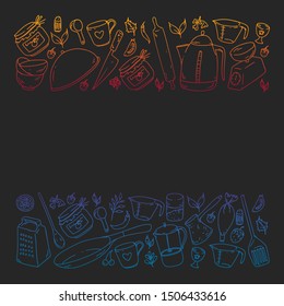 Pattern with food and kitchen utencil. Cooking class, menu for restaurant, banners for stores