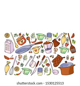 Pattern with food and kitchen utencil. Cooking class, menu for restaurant, banners for stores