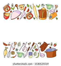 Pattern with food and kitchen utencil. Cooking class, menu for restaurant, banners for stores