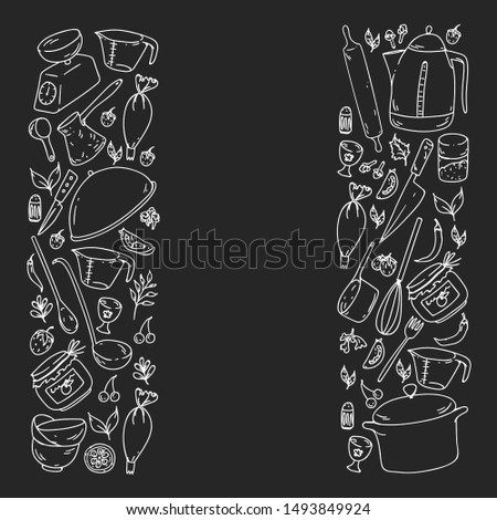 Pattern with food and kitchen utencil. Cooking class, menu for restaurant, banners for stores