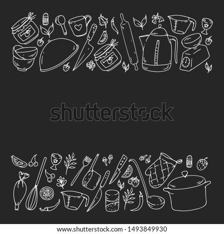Pattern with food and kitchen utencil. Cooking class, menu for restaurant, banners for stores