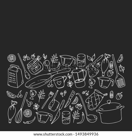 Pattern with food and kitchen utencil. Cooking class, menu for restaurant, banners for stores