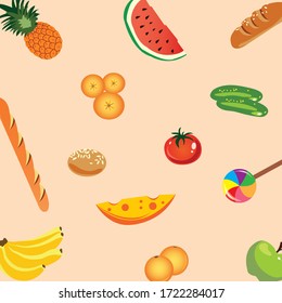 Pattern of food: watermelon, cheese, bun, cucumbers, oranges, tomato, bananas, apple, pineapple, bread, lollipop vector