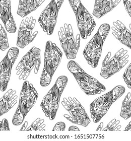 Pattern with foot, palms of man. Hand drawn heels, fingers, untouched nature, nature conservation. Eco production, planet. Antistress coloring book for children. illustration on white