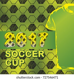 Pattern for football championship with t-shirt. A hand drawn soccer ball vector pattern. 2017 cup on the green background