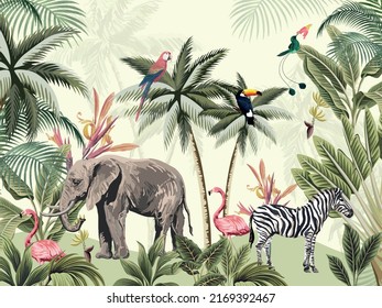 Pattern with forest animals, flowers and trees. Vector. Tropical Background. Tropical Jungle Illustration. Vintage illustration. EPS forest animals and trees. 