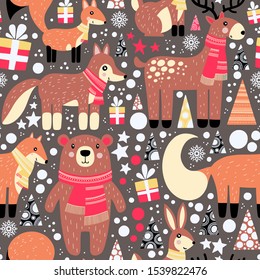 Pattern of forest animals (fox, bear, hare, deer, squirrel, wolf). Christmas design for card, banners, posters and other.