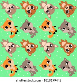 Pattern with forest animals: hare, Fox, wolf, bear, on a green background, in a children's style .Vector illustration