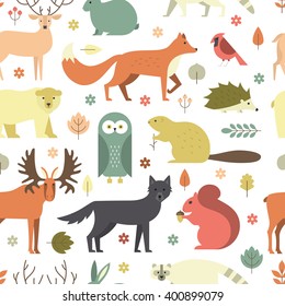 Pattern with forest animals mae in flat style. Fox, bear, wold, squirrel and other mammals on seamless background. Nature and animals pattern.