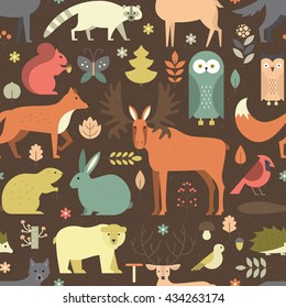 Pattern with forest animals mae in flat style. Fox, bear, wold, squirrel and other mammals on seamless background. Nature and animals pattern.