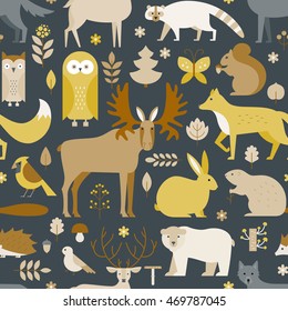 Pattern with forest animals mae in flat style. Fox, bear, wold, squirrel and other mammals on seamless background. Nature and animals pattern.