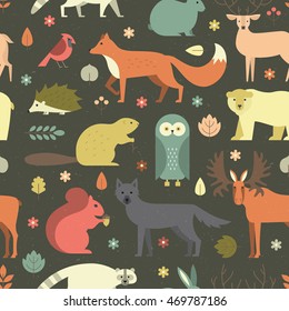 Pattern with forest animals mae in flat style. Fox, bear, wold, squirrel and other mammals on seamless background. Nature and animals pattern.