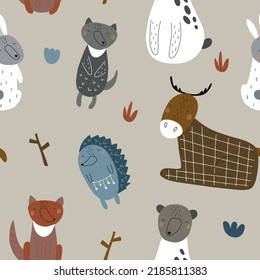 pattern with forest animals and forest motifs. Childrens illustration