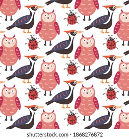Pattern forest animals owl woodpecker ladybug. Children wallpaper for nursery decor. Modern flat vector seamless illustration