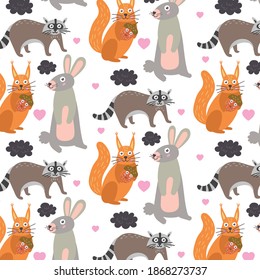 Pattern forest animals squirrel raccoon hare. Children wallpaper for nursery decor. Modern flat vector seamless illustration