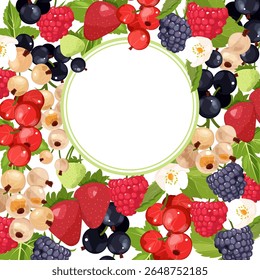 Pattern of forest, garden berries on a isolated background with place for your text. Vector illustration. Template for juice, jams, cosmetics, web design.