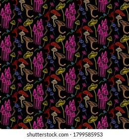 Pattern with forest mushrooms, ornament of chanterelles, fly agarics, toadstools, russula, honey agarics, porcini mushrooms and many other mushrooms. Bright, glowing, neon mushrooms for textiles