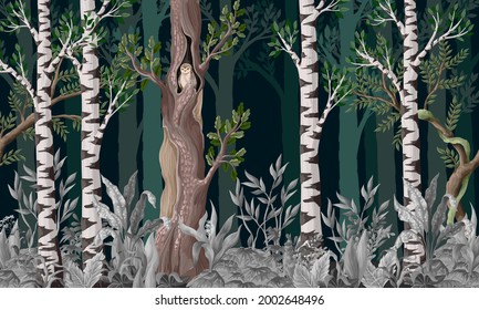 Pattern with forest trees such as birch, oak and other . Vector.