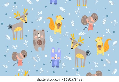 Pattern of forest or woodland animals on cool blue winter background with squirrel, deer, mouse, rabbit, in a colored vector illustration