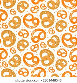 Pattern in the form of Bavarian pretzels on a white background. Pastries, sweets, snacks for Oktoberfest. Vector a simple cartoon illustration. Printing on textiles and paper. Gift packaging