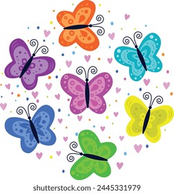 The pattern is in the form of a circle of butterflies. Beautiful flying insects with wings in the form of a round ball. Vector design with exotic butterfly moths