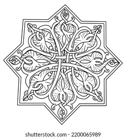 pattern in the form of an eight-pointed star based on Armenian ancient patterns. Linear drawing black outline on white background