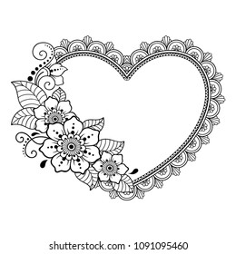 Pattern in form of heart for Henna, Mehndi, tattoo, decoration -frame. Decorative ornament in ethnic oriental style. Coloring book page.