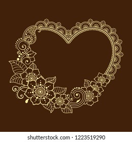 Pattern in form of heart for Henna, Mehndi, tattoo, decoration - frame. Decorative ornament in ethnic oriental Indian style. Coloring book page.