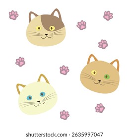 Padrão na forma de rostos de gatinhos e impressões de pata. Ilustração vetorial