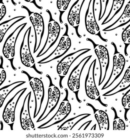 pattern is in the form of silhouette of a hot pepper pod. Food, hand-drawn. Vector illustration of pods cut lengthwise and seeds on a white. spices, seasonings for the spice of dishes. Food additives