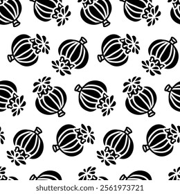 pattern is in the form of a silhouette of poppy pods. Sweet, the food. Hand-drawn. Vector illustration of dried poppy flowers and pods on a white. spices, seasonings for sweet dishes. Baking additives