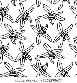 pattern is in the form of a silhouette of vanilla flowers. Sweet aroma, food. Hand-drawn. Vector illustration of an orchid flower and pods on a white. spices, seasonings for sweet dishes. Chaotic