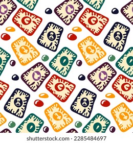 Pattern with fortune-telling cards. Colored tarot cards with stones in a chaotic arrangement. Tarot card reading, fortune teller, Halloween pattern. Cards of fate, pattern for printing. Gift packaging