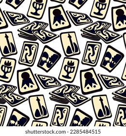 Pattern with fortune-telling cards. Dark tarot cards in a chaotic arrangement. Tarot card reading, fortune teller, Halloween pattern. Cards of fate, pattern for printing. Gift packaging