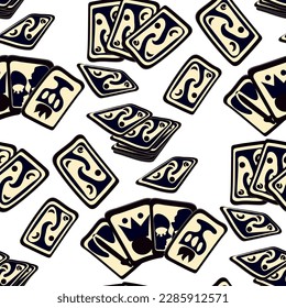 Pattern with fortune-telling cards. Dark tarot cards in a chaotic arrangement. Tarot card reading, fortune teller, Halloween pattern. Cards of fate, pattern for printing. Gift packaging