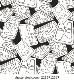 A pattern with fortune-telling cards in a linear style. Dark tarot cards in a chaotic arrangement. Tarot card reading, fortune teller, Halloween pattern. Destiny cards, pattern for printing packaging