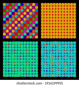 Pattern - Four patterns with colorful squares under individual spirals. Geometrical abstract background. Editable vector.