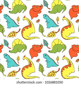 pattern four small dinosaurs stegosaurus, tyrannosaurus, triciraptops, godrosaurus cartoon character. Lovely funny. Palm leaves, beetle Hand drawing vector illustration. Isolated on white background