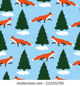 pattern Fox Christmas tree snow vector