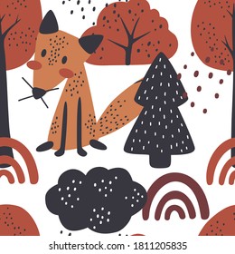Pattern with a fox in the forest on white background for boy. Foxy endless background, texture. Children's background. Foxes and floral elements drawing. Vector illustration