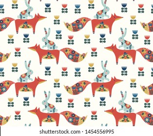 Pattern with fox and rabbit inspired by scandinavian art. Scandinavian forest animals. Seamless print with fox and rabbit with nordic ornaments. Folk art seamless pattern with red fox and blue rabbit