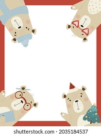 Pattern frame with cute bears. Funny animals - bear with Christmas tree, in glasses with hearts, in winter hat and scarf with book waving his paw. Vector illustration. in center with white background
